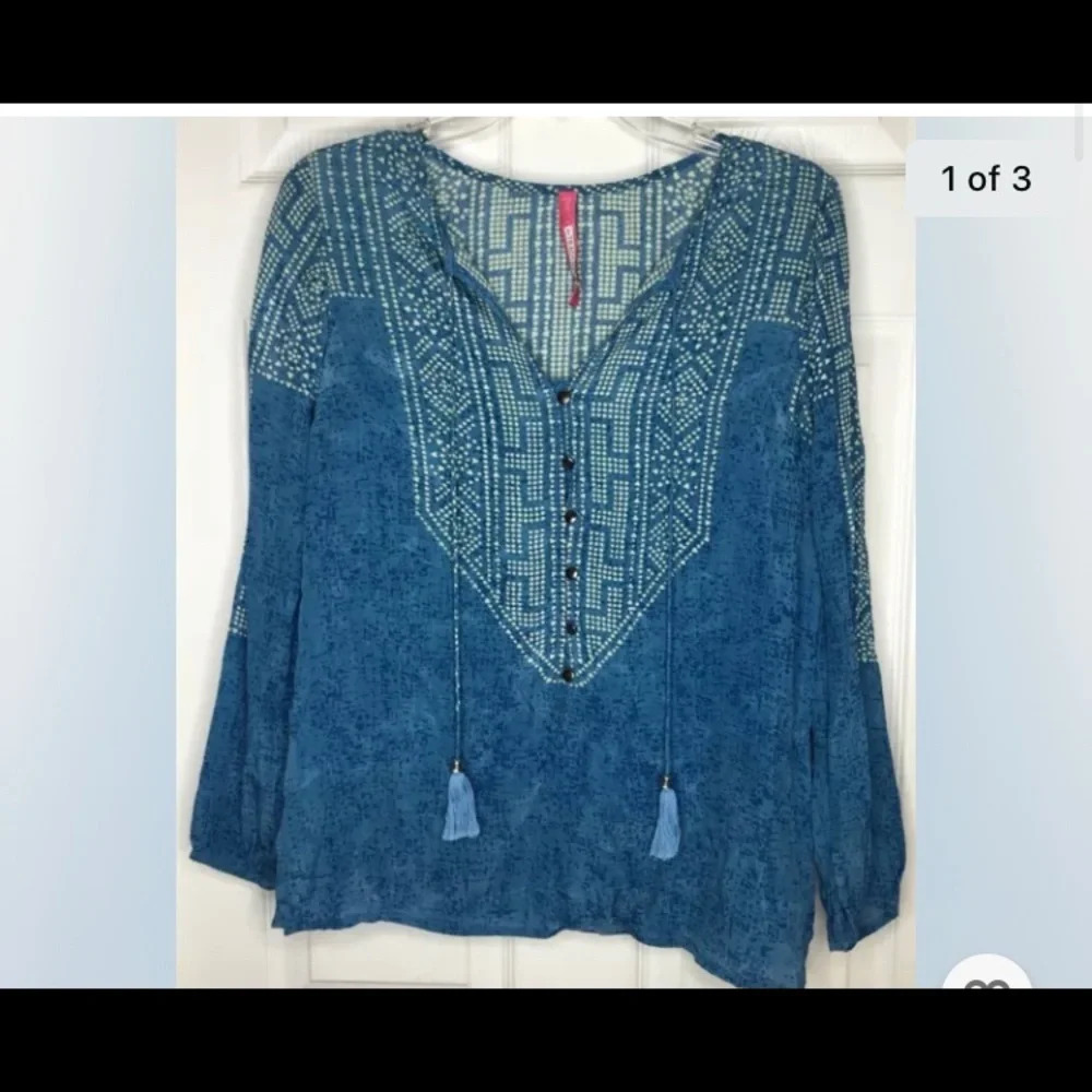 Woman PLENTY TRACY REESE blue White Print V-Neck Boho Peasant Blouse Top Small